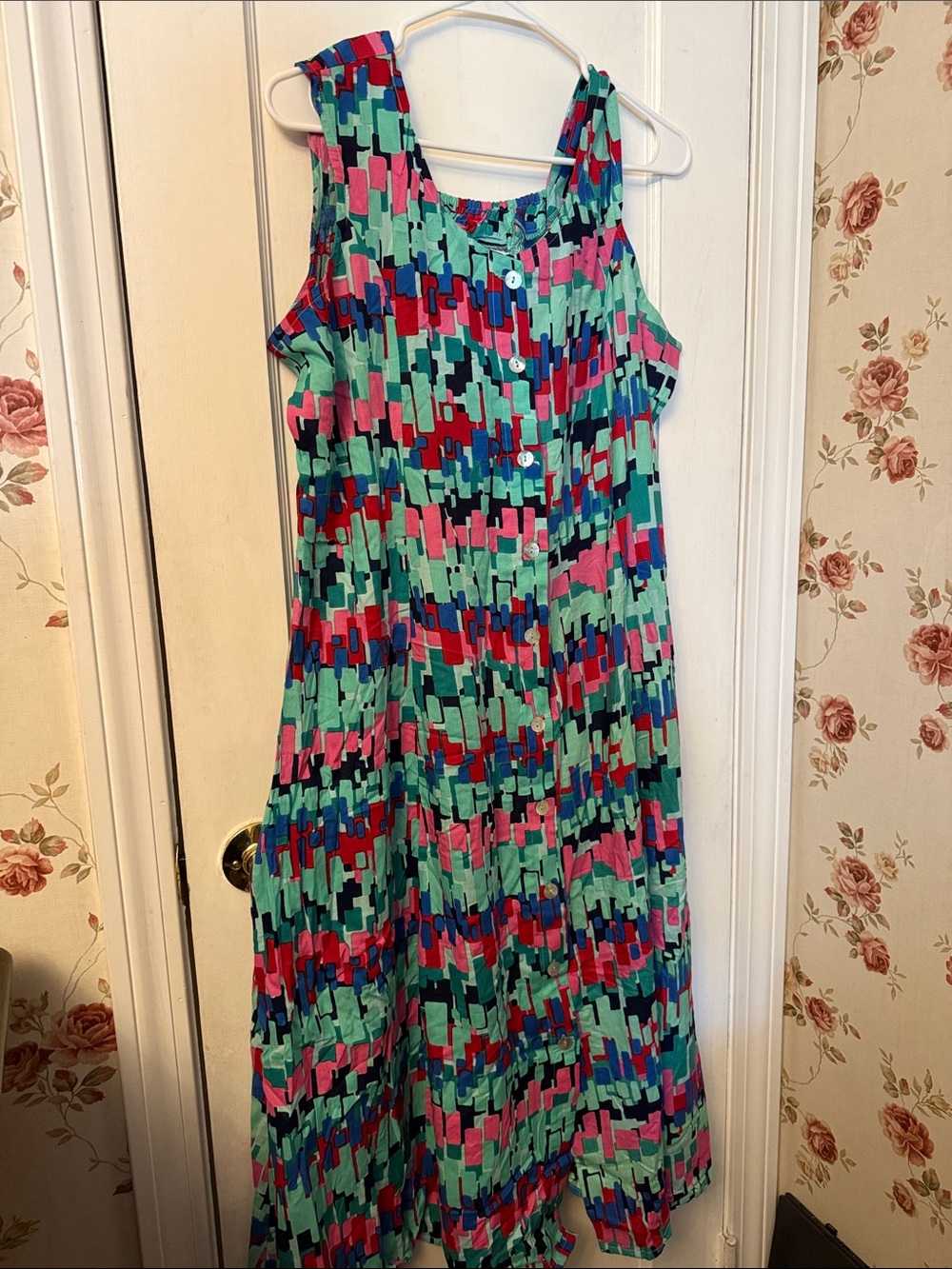 🩷 Sleeveless Geometric Print Maxi Dress in Mint, Pink & Blue Sz M NEW